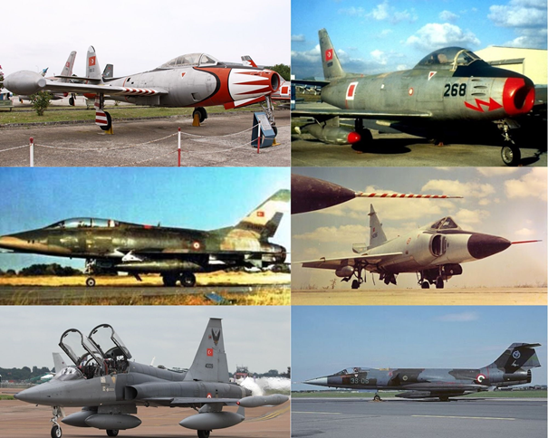 Türkiye'nin NATO'ya girmesiyle envantere giren uçaklar.
Sırasıyla F-84, F-86, F-100, F-102, F-5 ve F-104 uçakları